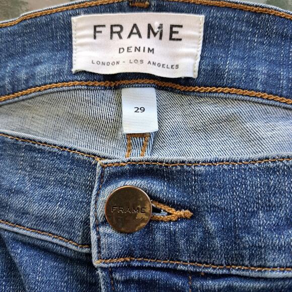 FRAME Le High Flare Jeans Size 29 Medium Wash Whiskering Raw Hem Stretchy - Picture 6 of 12